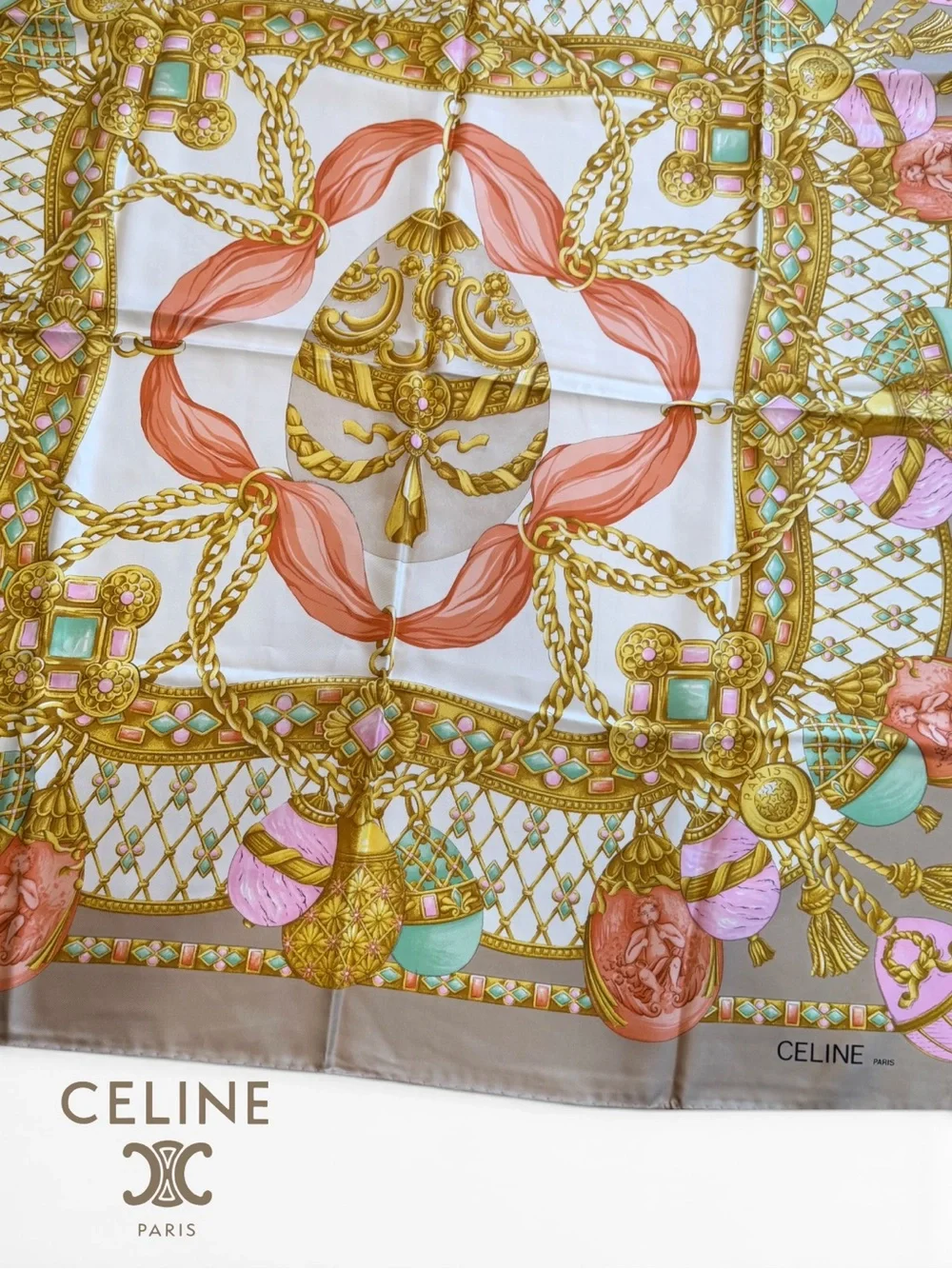 Celine Silk Scarf in Taupe, Pink & Mint with Gold Motif